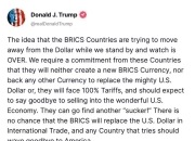 特朗普警告金砖国家：将征收100%关税！